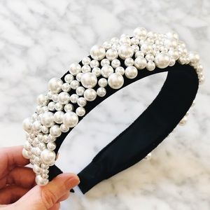 Pearl beaded headband on black fabric